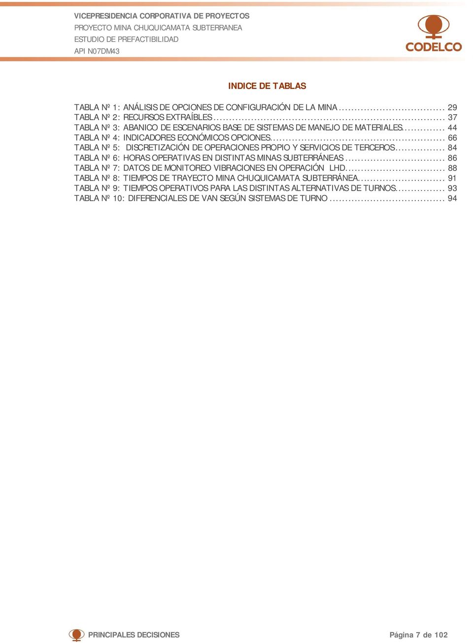 .. 66 TABLA Nº 5: DISCRETIZACIÓN DE OPERACIONES PROPIO Y SERVICIOS DE TERCEROS... 84 TABLA Nº 6: HORAS OPERATIVAS EN DISTINTAS MINAS SUBTERRÁNEAS.