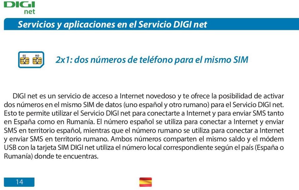 Esto te permite utilizar el Servicio DIGI net para conectarte a Internet y para enviar SMS tanto en España como en Rumanía.