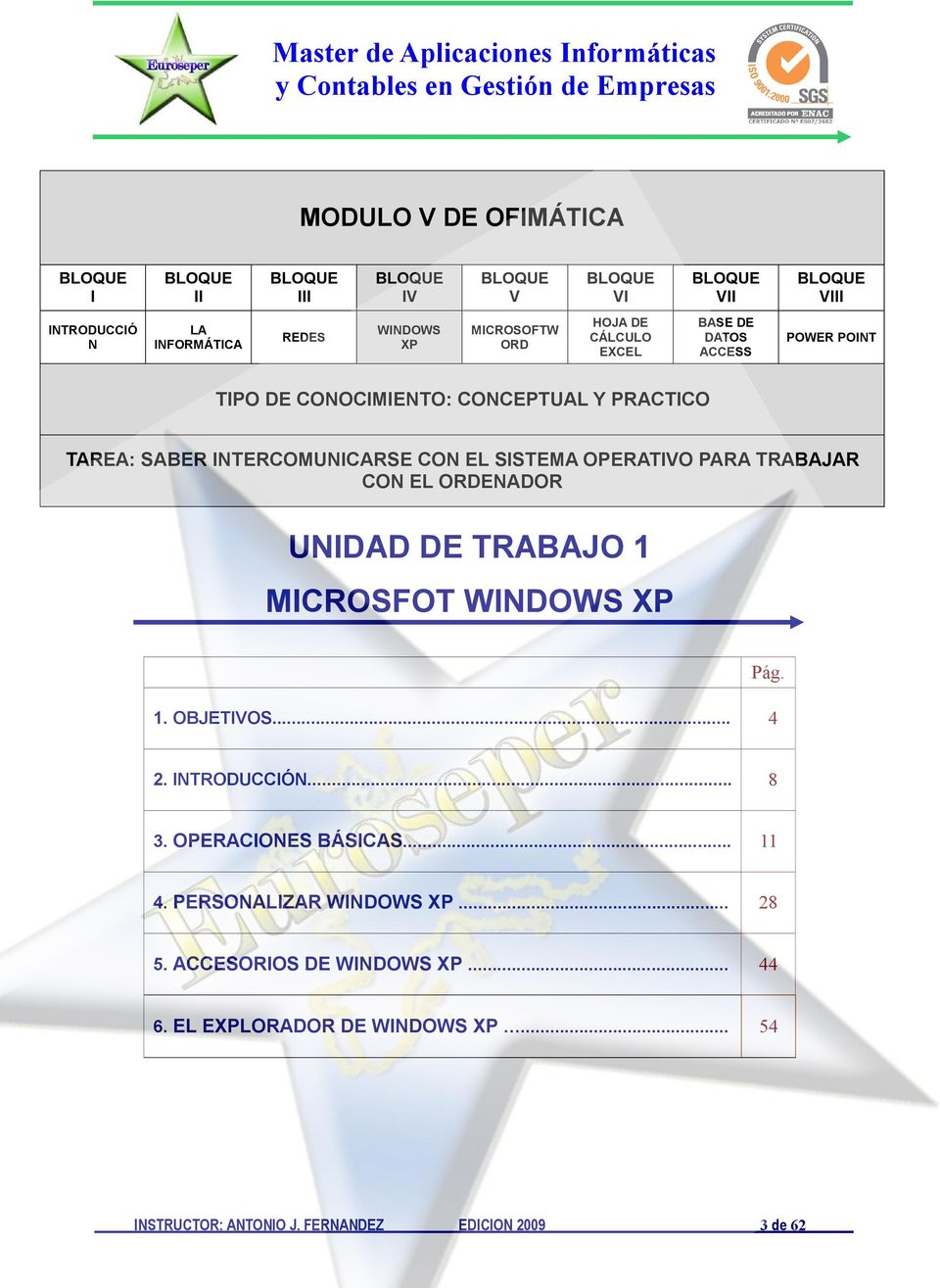 SISTEMA OPERATIVO PARA TRABAJAR CON EL ORDENADOR UNIDAD DE TRABAJO 1 MICROSFOT WINDOWS XP 1. OBJETIVOS... 4 Pág. 2. INTRODUCCIÓN... 8 3.