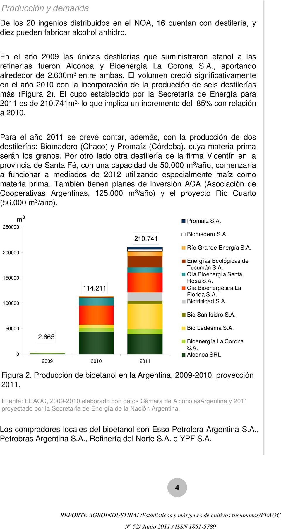 El volumen creció significativamente en el año 2010 con la incorporación de la producción de seis destilerías más (Figura 2). El cupo establecido por la Secretaría de Energía para 2011 es de 210.