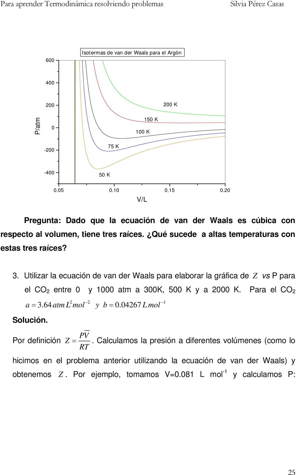 . Utilizar la euaión de van der Waals para elaborar la gráfia de Z vs para el CO entre 0 y 1000 atm a 00K, 500 K y a 000 K. ara el CO a =.64atm mol y b = 0.