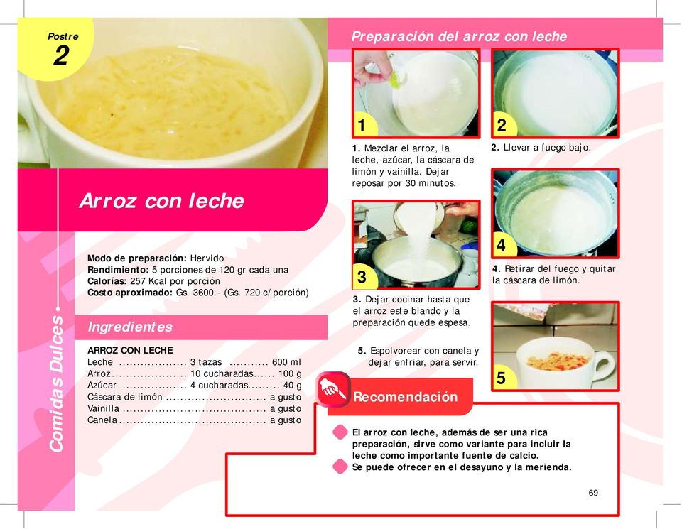 720 c/porción) Ingredientes ARROZ CON LECHE Leche... 3 tazas... 600 ml Arroz... 10 cucharadas... 100 g Azúcar... 4 cucharadas... 40 g Cáscara de limón... a gusto Vainilla... a gusto Canela.