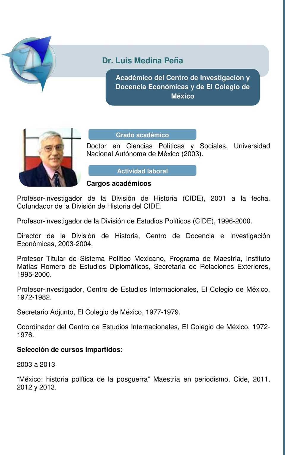 Profesor-investigador de la División de Estudios Políticos (CIDE), 1996-2000. Director de la División de Historia, Centro de Docencia e Investigación Económicas, 2003-2004.