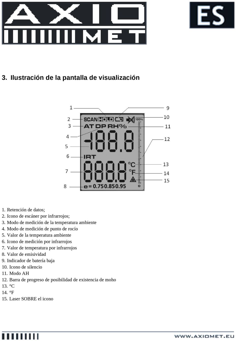 Icono de medición por infrarrojos 7. Valor de temperatura por infrarrojos 8. Valor de emisividad 9.