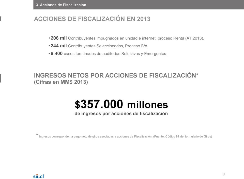 INGRESOS NETOS POR ACCIONES DE FISCALIZACIÓN* (Cifras en MM$ 2013) $357.