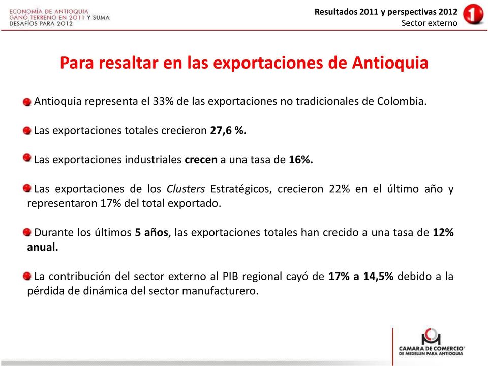 Las exportaciones de los Clusters Estratégicos, crecieron 22% en el último año y representaron 17% del total exportado.