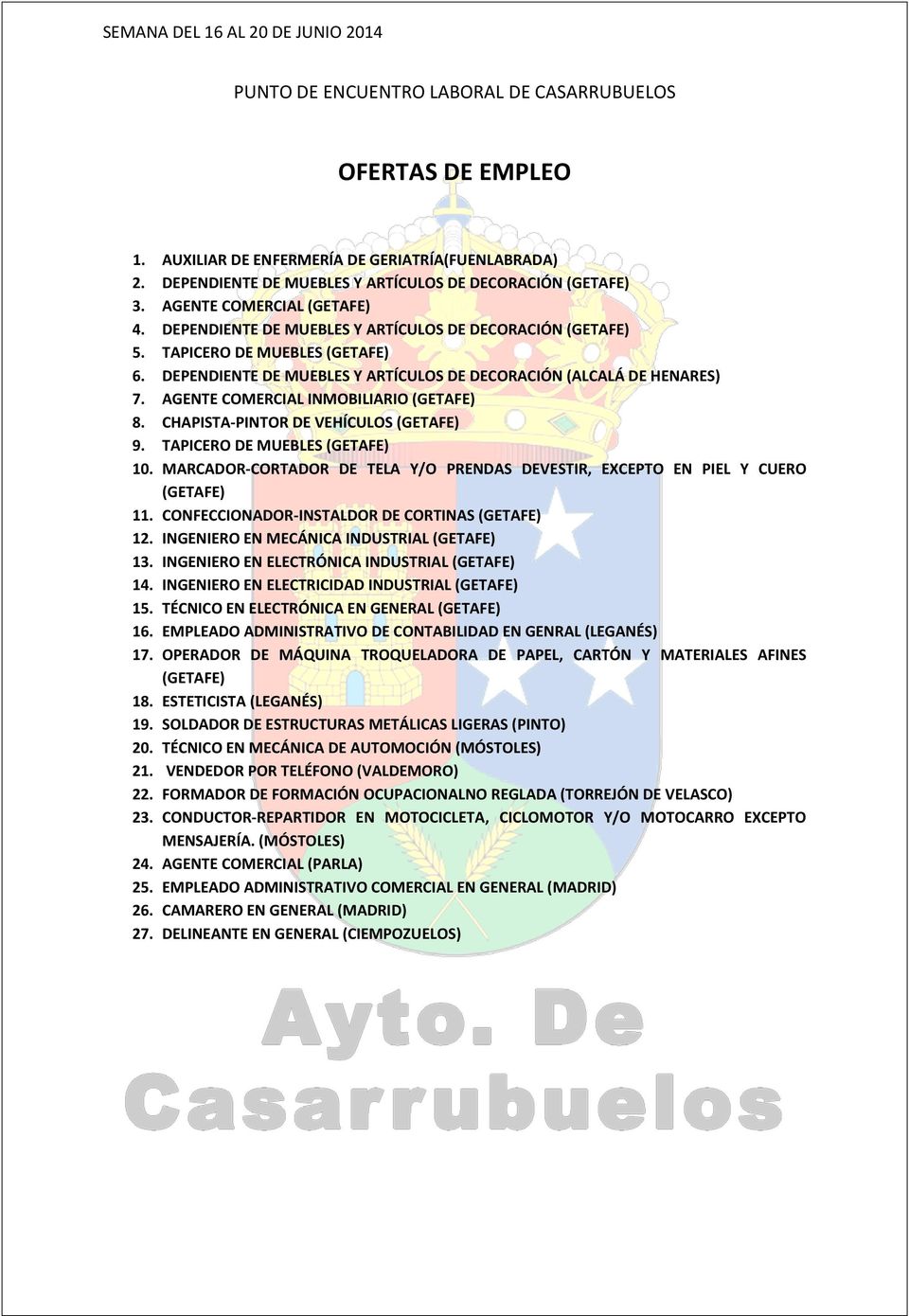 AGENTE COMERCIAL INMOBILIARIO (GETAFE) 8. CHAPISTA-PINTOR DE VEHÍCULOS (GETAFE) 9. TAPICERO DE MUEBLES (GETAFE) 10. MARCADOR-CORTADOR DE TELA Y/O PRENDAS DEVESTIR, EXCEPTO EN PIEL Y CUERO (GETAFE) 11.