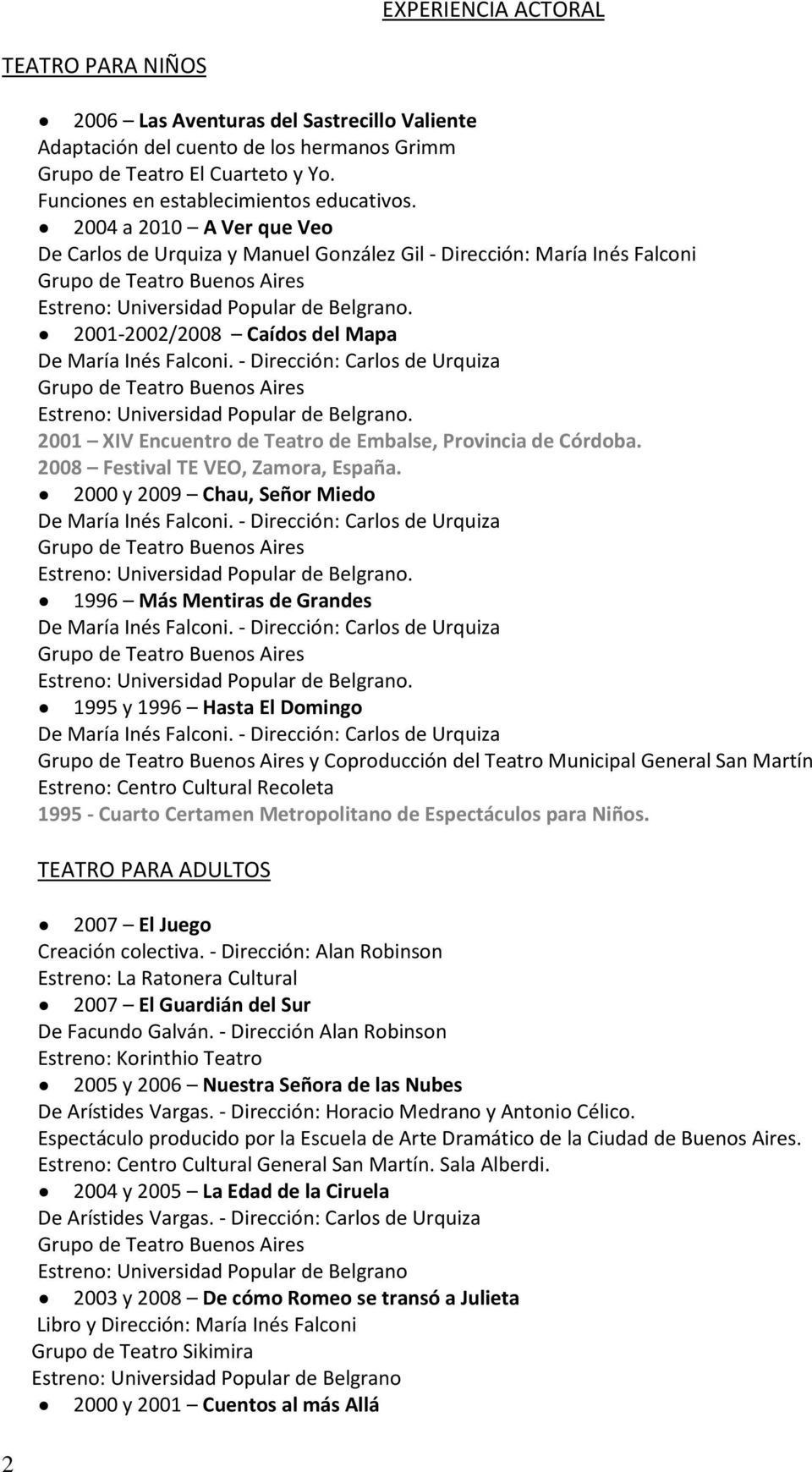 2001 XIV Encuentro de Teatro de Embalse, Provincia de Córdoba. 2008 Festival TE VEO, Zamora, España. 2000 y 2009 Chau, Señor Miedo. 1996 Más Mentiras de Grandes.