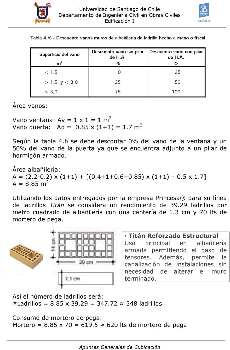 85) x (1+1) 0.5 x 1.7] A = 8.85 m 2 Utilizando los datos entregados por la empresa Princesa para su línea de ladrillos Titán se considera un rendimiento de 39.