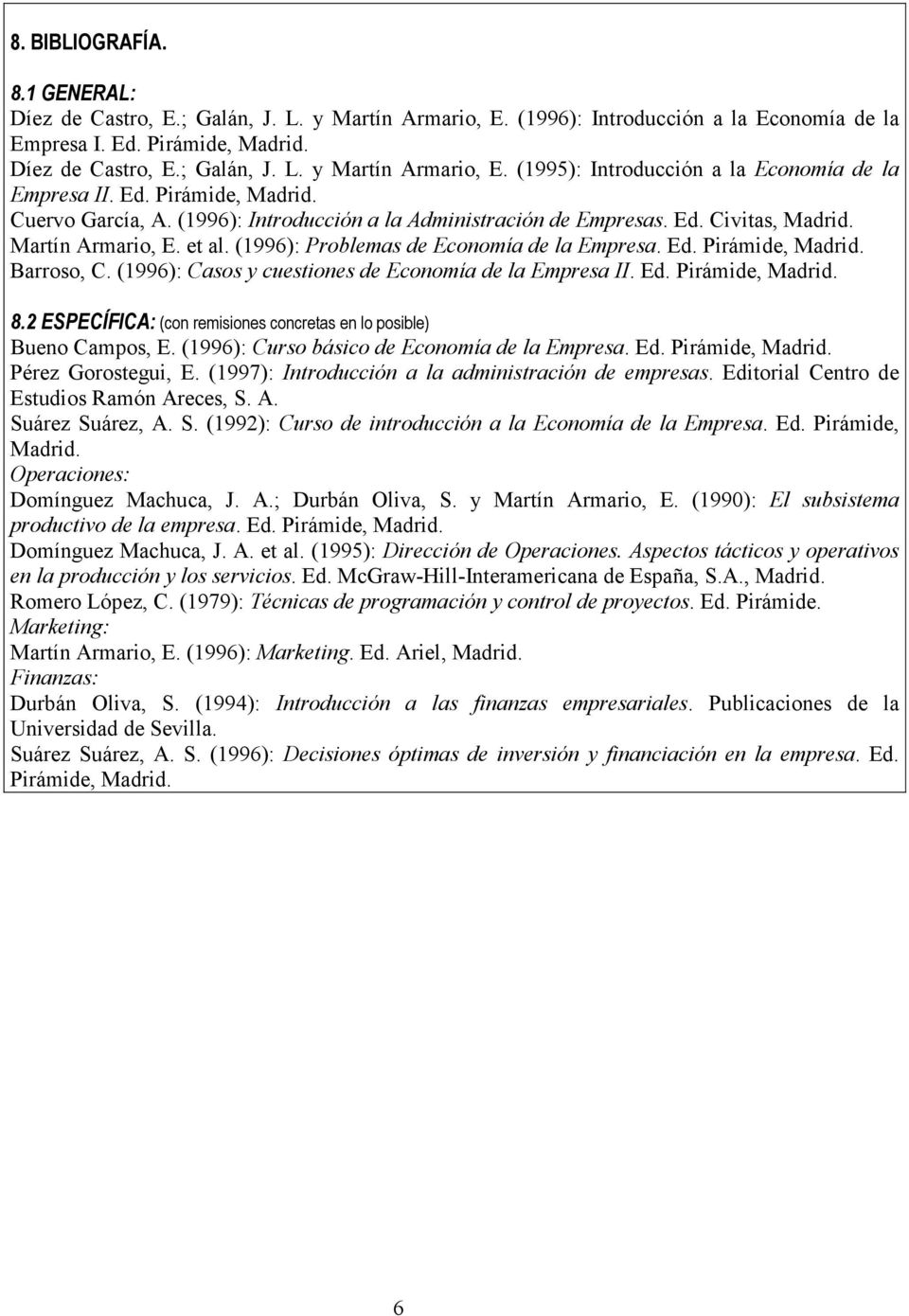 (1996): Casos y cuestiones de Economía de la Empresa II. Ed. Pirámide, Madrid. 8.2 ESPECÍFICA: (con remisiones concretas en lo posible) Bueno Campos, E. (1996): Curso básico de Economía de la Empresa.