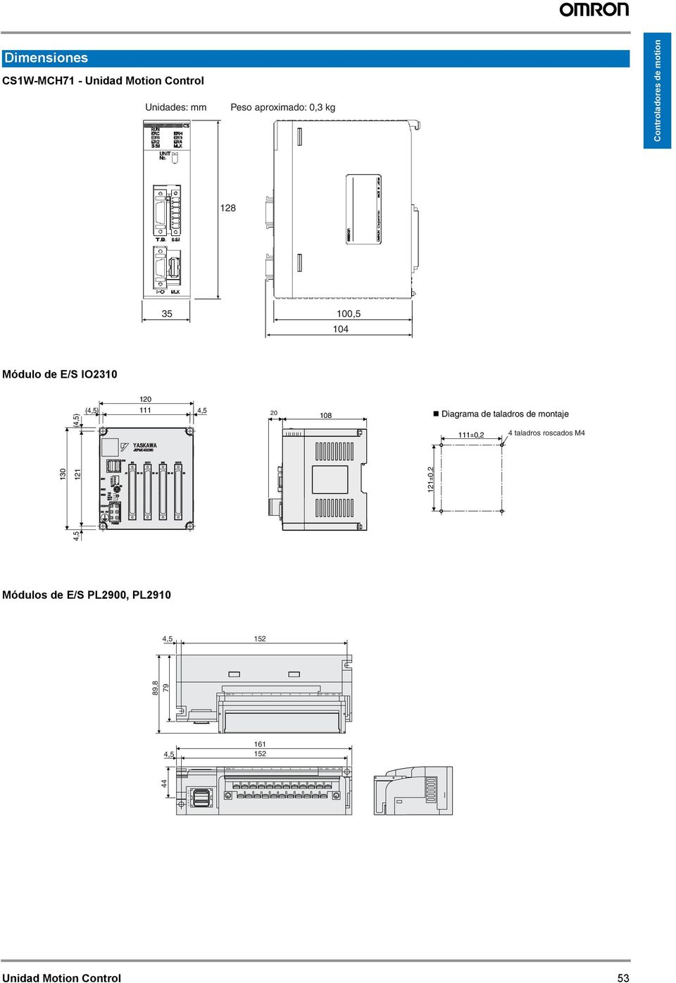 Diagrama de taladros de montaje ±0, taladros roscados M Módulos de E/S PL900, PL90,5