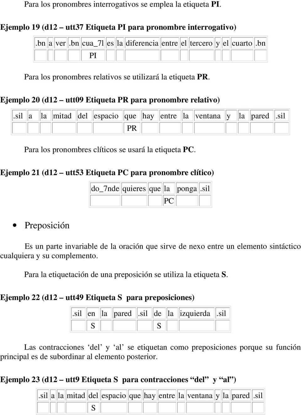 sil PR Para los pronombres clíticos se usará la etiqueta PC. Ejemplo 21 (d12 utt53 Etiqueta PC para pronombre clítico) do_7nde quieres que la ponga.
