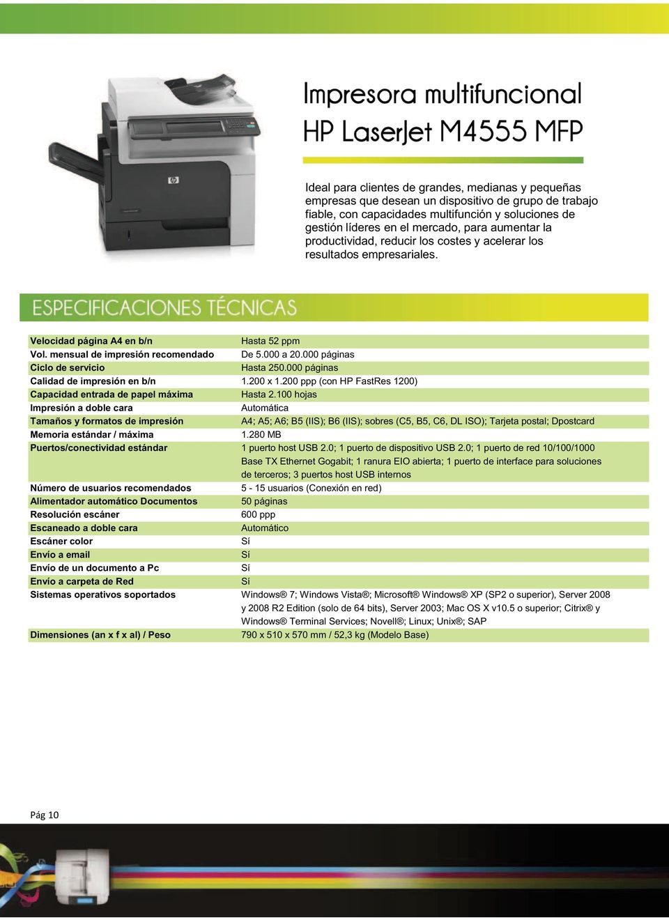 000 páginas Calidad de impresión en b/n 1.200 x 1.200 ppp (con HP FastRes 1200) Capacidad entrada de papel máxima Hasta 2.