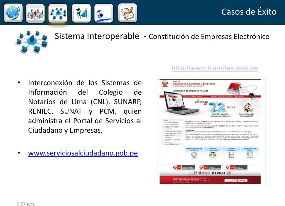 Notarios de Lima (CNL), SUNARP, RENIEC, SUNAT y PCM, quien administra