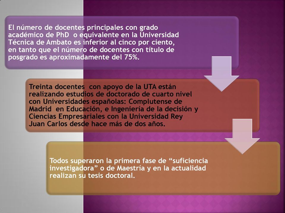 Treinta docentes con apoyo de la UTA están realizando estudios de doctorado de cuarto nivel con Universidades españolas: Complutense de Madrid en