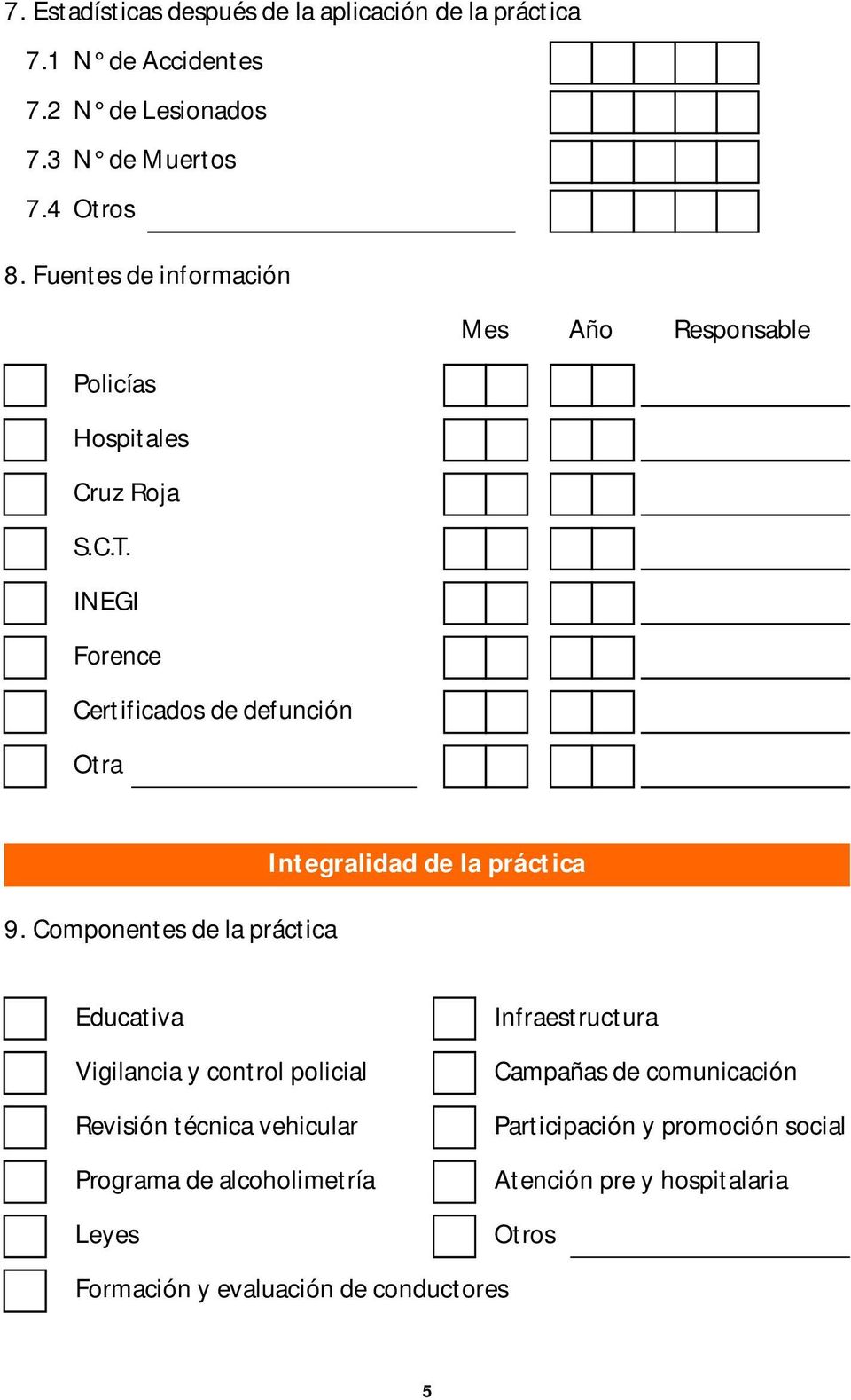 Componentes de la práctica Integralidad de la práctica Educativa Infraestructura Vigilancia y control policial Campañas de comunicación