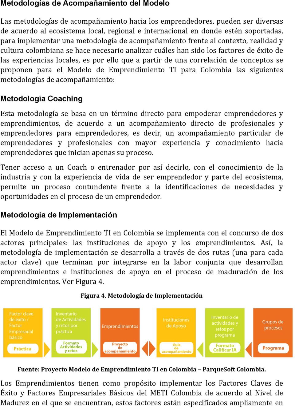 locales, es por ello que a partir de una correlación de conceptos se proponen para el Modelo de Emprendimiento TI para Colombia las siguientes metodologías de acompañamiento: Metodología Coaching