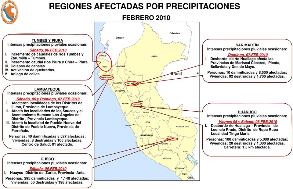 Desborde de río Huallaga afecta las Provincias de Mariscal Cáceres, Picota, Bellavista y Dos de Mayo. Personas: 10 damnificadas y 8,500 afectadas; Viviendas: 02 destruidas y 1,700 afectadas.