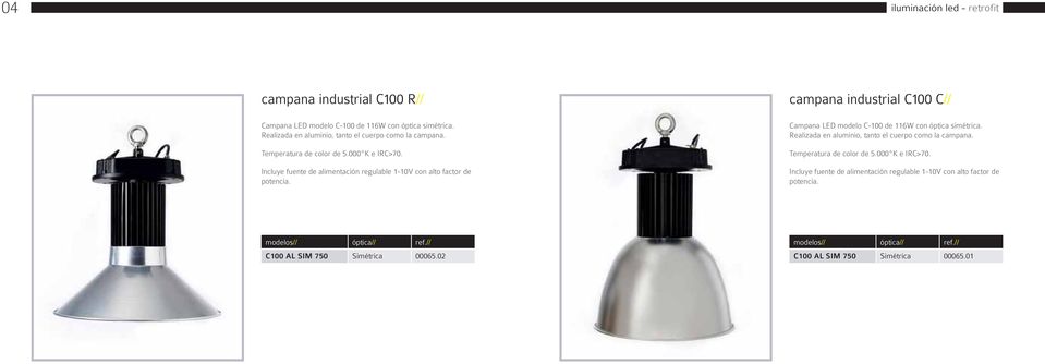 campana industrial C100 C// Campana LED modelo C-100 de 116W con óptica simétrica.  C100 AL SIM 750 Simétrica 00065.