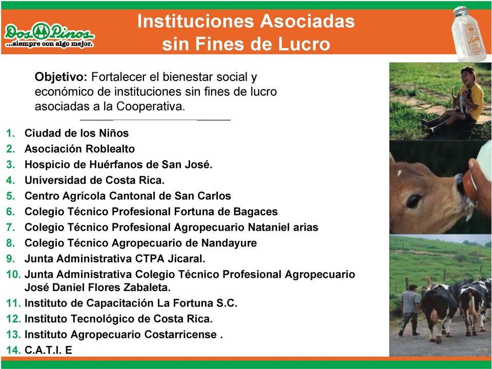 Centro Agrícola Cantonal de San Carlos 6. Colegio Técnico Profesional Fortuna de Bagaces 7. Colegio Técnico Profesional Agropecuario Nataniel arias 8.