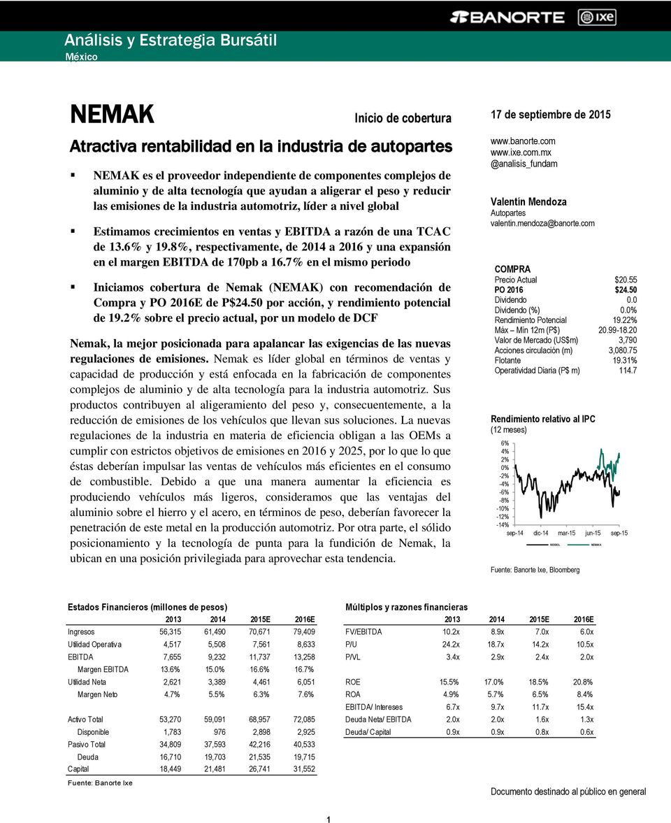 8%, respectivamente, de 214 a 216 y una expansión en el margen EBITDA de 17pb a 16.7% en el mismo periodo Iniciamos cobertura de Nemak (NEMAK) con recomendación de Compra y PO 216E de P$24.