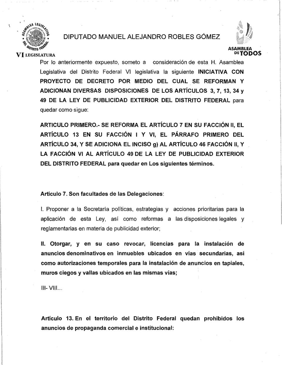 49 DE la ley DE PUBLICIDAD EXTERIOR DEL DISTRITO FEDERAL para quedar como sigue: ARTICULO PRIMERO.