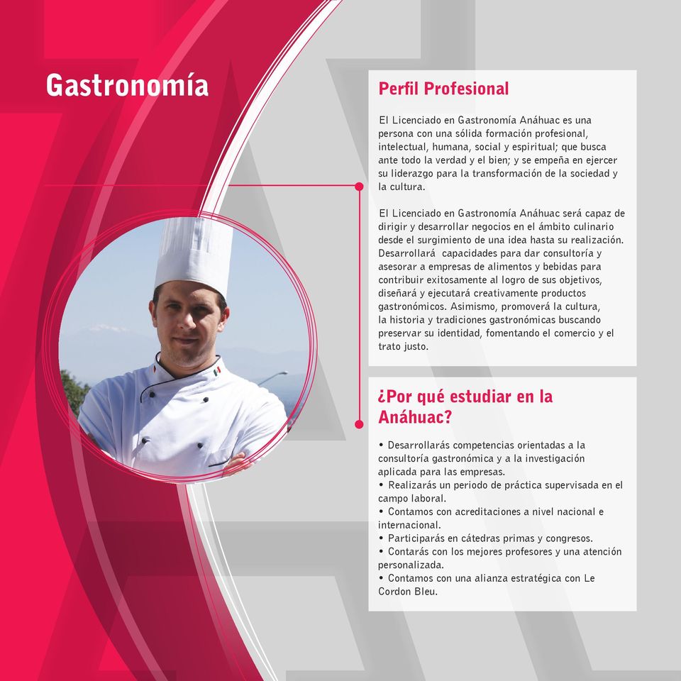 El Licenciado en Gastronomía Anáhuac será capaz de dirigir y desarrollar negocios en el ámbito culinario desde el surgimiento de una idea hasta su realización.