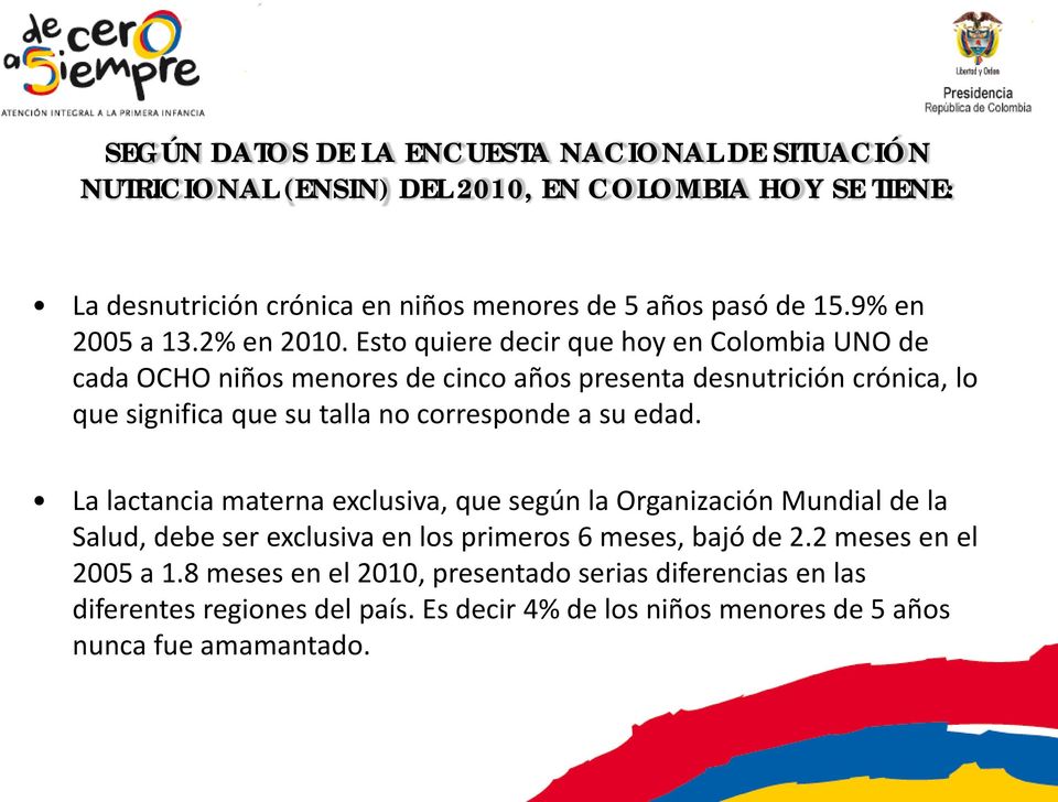 Esto quiere decir que hoy en Colombia UNO de cada OCHO niños menores de cinco años presenta desnutrición crónica, lo que significa que su talla no corresponde a su