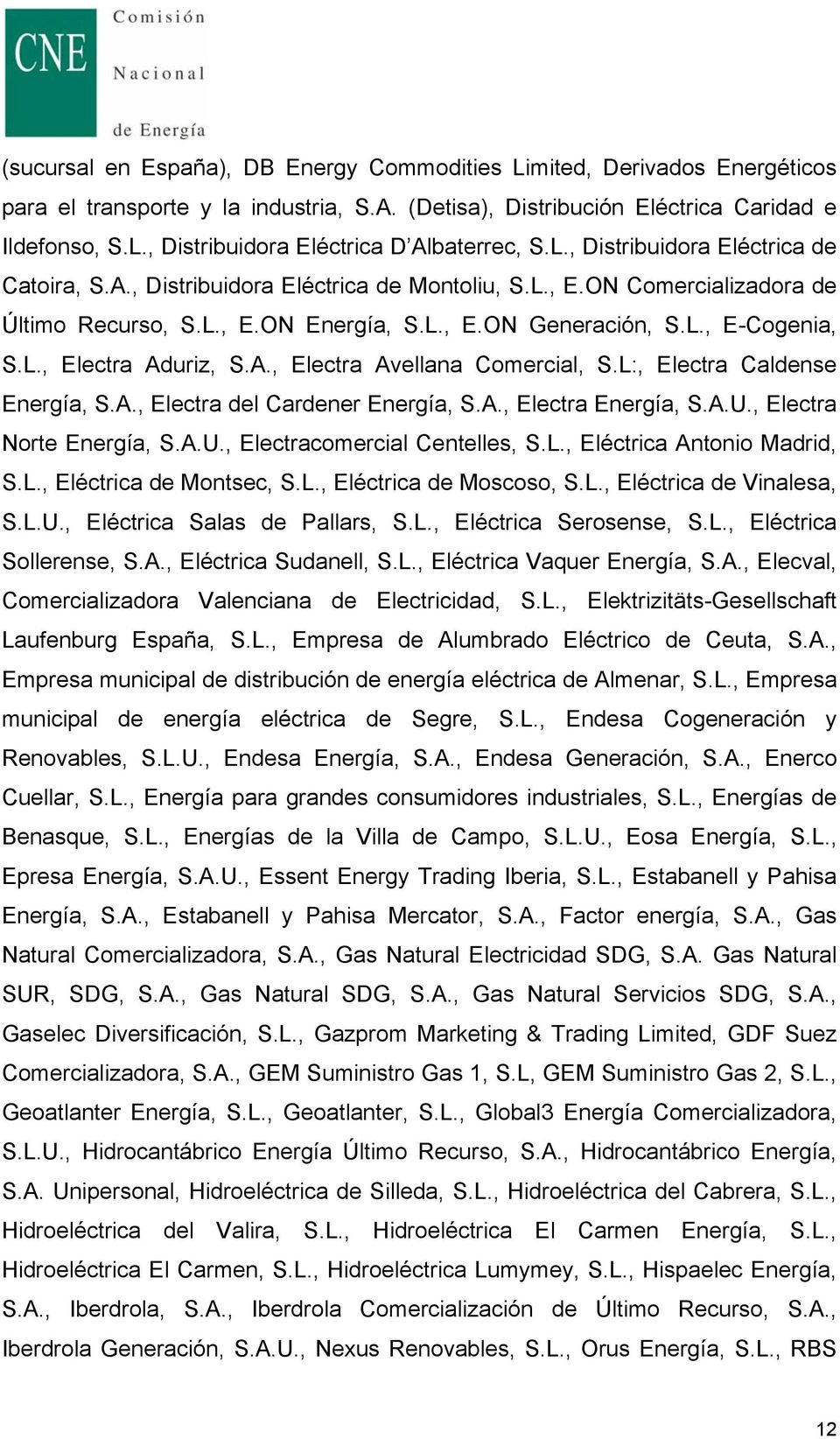 A., Electra Avellana Comercial, S.L:, Electra Caldense Energía, S.A., Electra del Cardener Energía, S.A., Electra Energía, S.A.U., Electra Norte Energía, S.A.U., Electracomercial Centelles, S.L., Eléctrica Antonio Madrid, S.