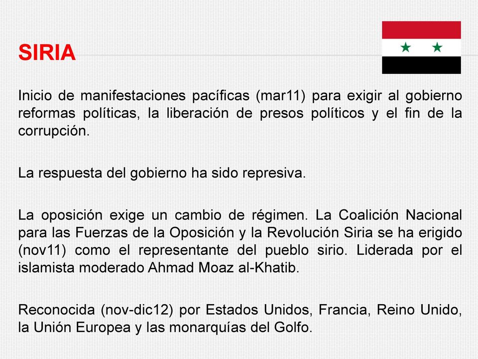 La Coalición Nacional para las Fuerzas de la Oposición y la Revolución Siria se ha erigido (nov11) como el representante del pueblo