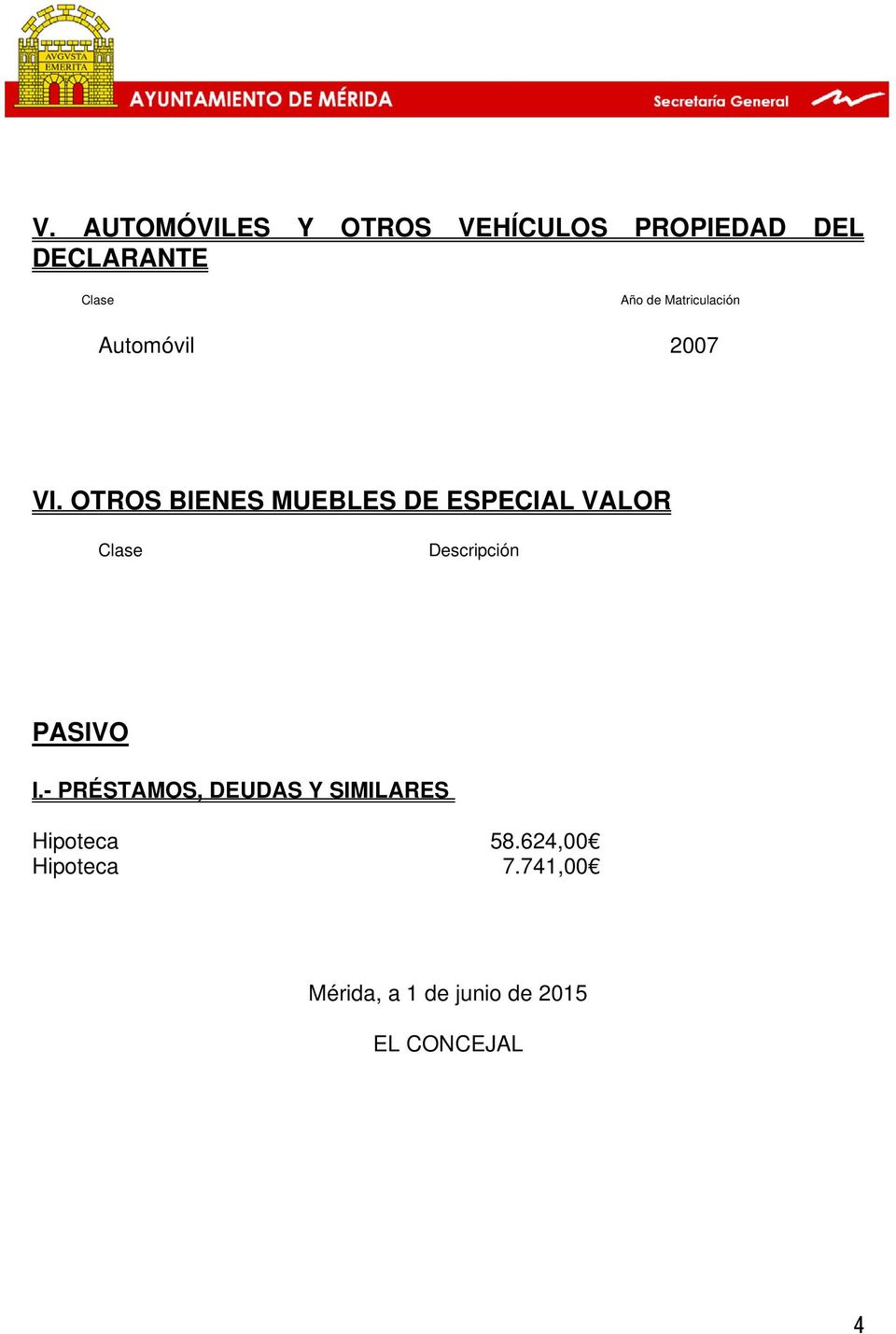 OTROS BIENES MUEBLES DE ESPECIAL VALOR Descripción PASIVO I.