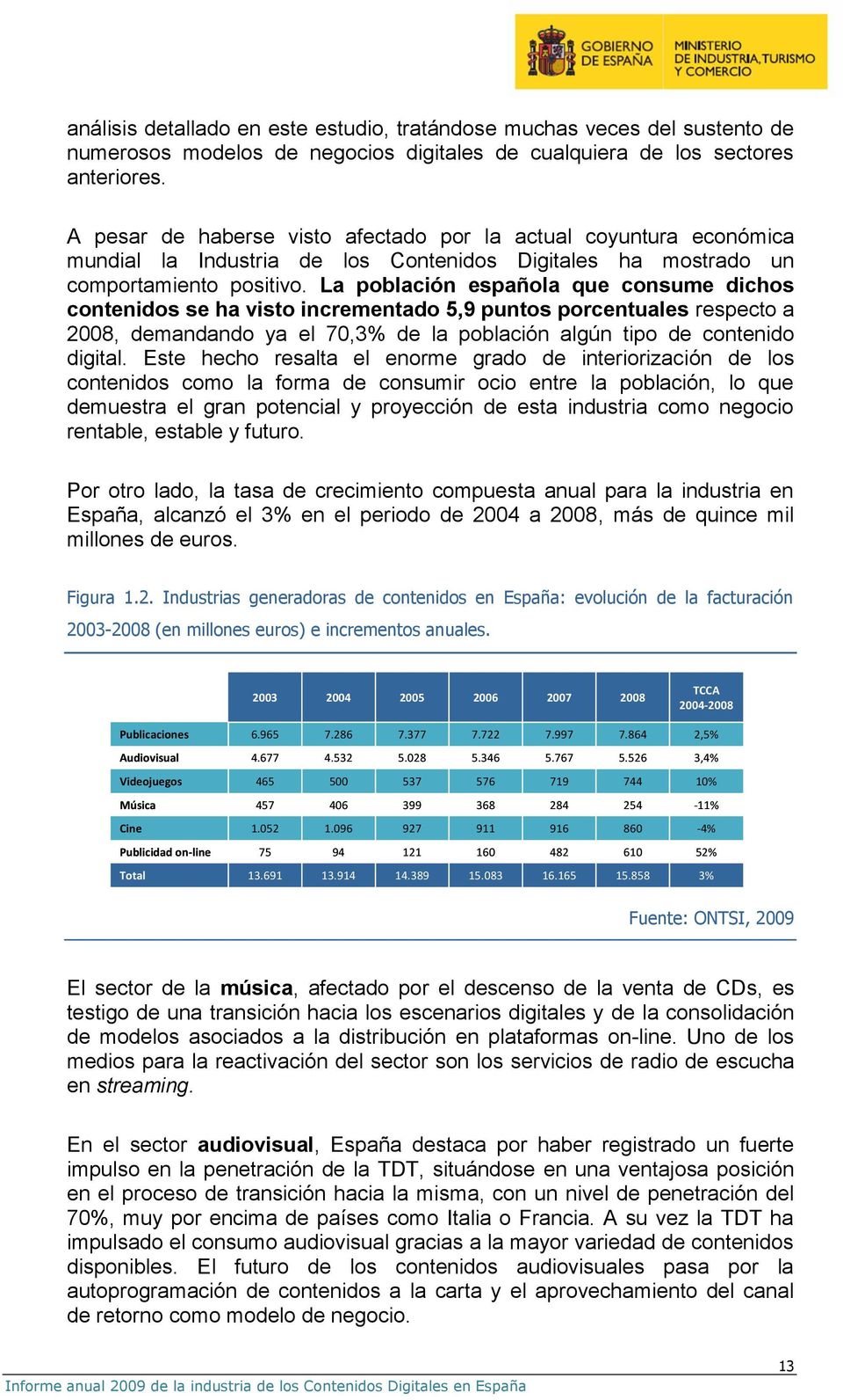 La población española que consume dichos contenidos se ha visto incrementado 5,9 puntos porcentuales respecto a 2008, demandando ya el 70,3% de la población algún tipo de contenido digital.
