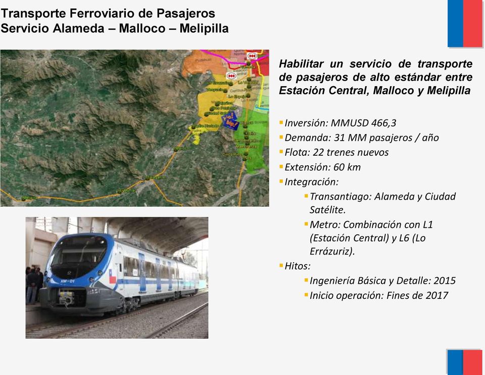pasajeros / año Flota: 22 trenes nuevos Extensión: 60 km Integración: Transantiago: Alameda y Ciudad Satélite.