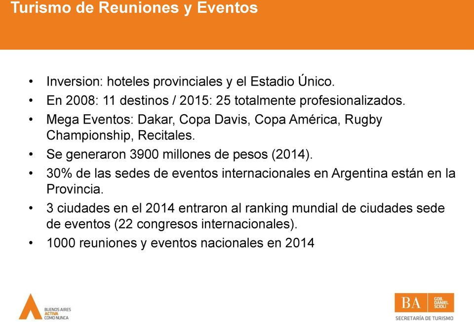Mega Eventos: Dakar, Copa Davis, Copa América, Rugby Championship, Recitales. Se generaron 3900 millones de pesos (2014).