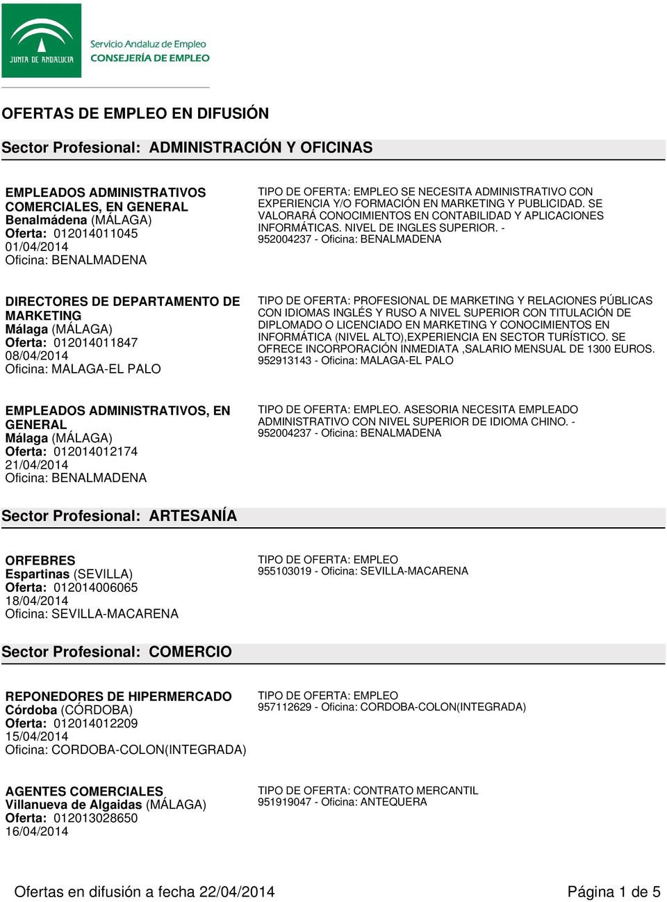 - DIRECTORES DE DEPARTAMENTO DE MARKETING Oferta: 012014011847 08/04/2014 Oficina: MALAGA-EL PALO TIPO DE OFERTA: PROFESIONAL DE MARKETING Y RELACIONES PÚBLICAS CON IDIOMAS INGLÉS Y RUSO A NIVEL