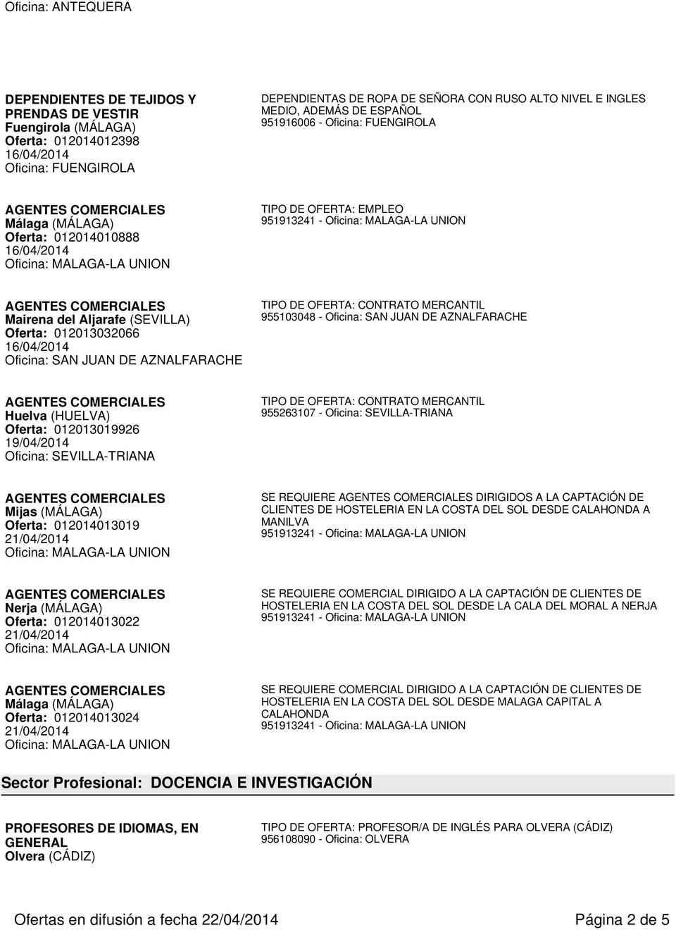 AZNALFARACHE Huelva (HUELVA) Oferta: 012013019926 19/04/2014 Mijas (MÁLAGA) Oferta: 012014013019 SE REQUIERE DIRIGIDOS A LA CAPTACIÓN DE CLIENTES DE HOSTELERIA EN LA COSTA DEL SOL DESDE CALAHONDA A