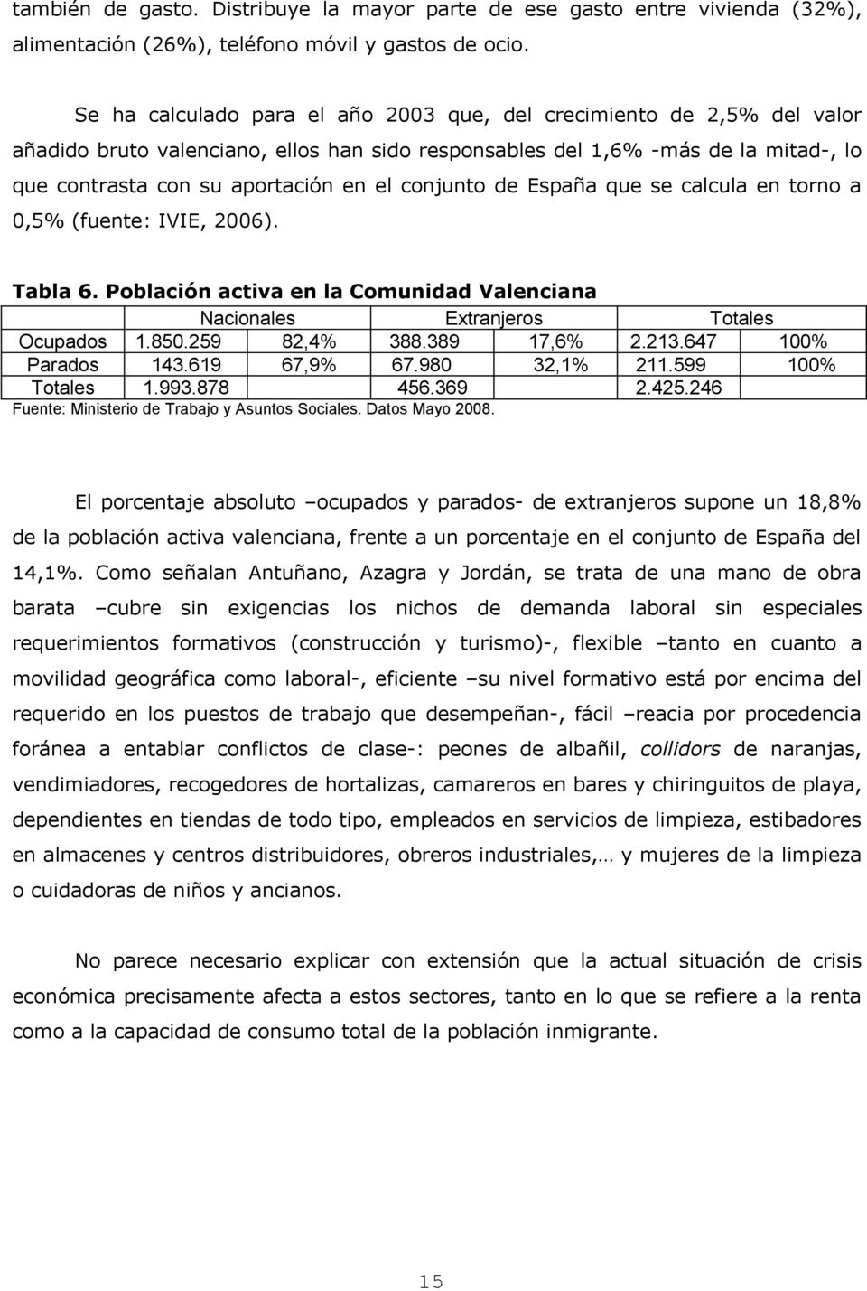 conjunto de España que se calcula en torno a 0,5% (fuente: IVIE, 2006). Tabla 6. Población activa en la Comunidad Valenciana Nacionales Extranjeros Totales Ocupados 1.850.259 82,4% 388.389 17,6% 2.