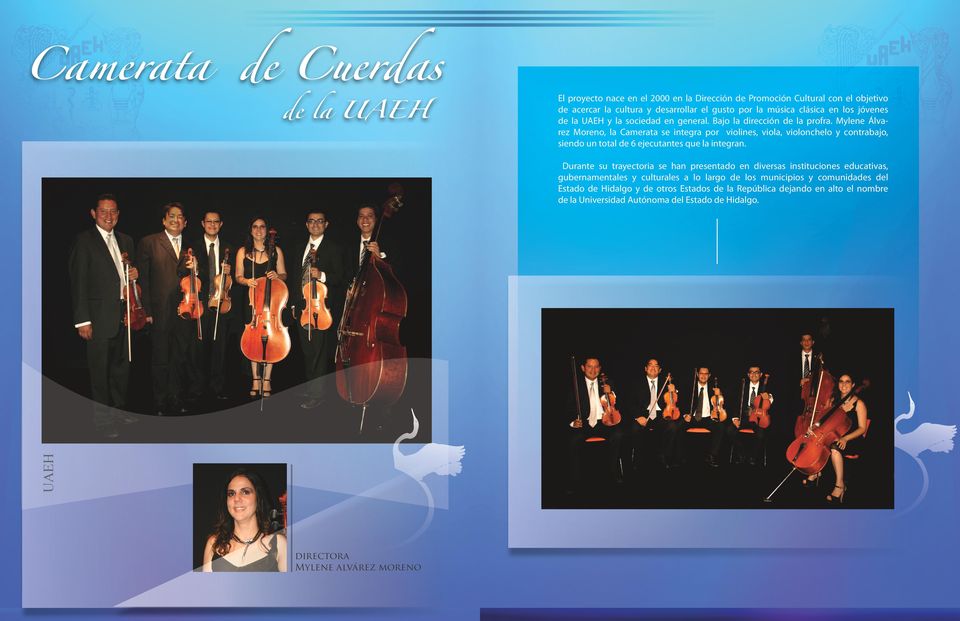 Mylene Álvarez Moreno, la Camerata se integra por violines, viola, violonchelo y contrabajo, siendo un total de 6 ejecutantes que la integran.
