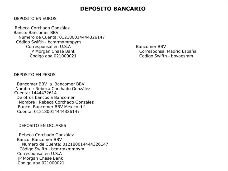 Rebeca Corchado González Banco: Bancomer BBV Numero de Cuenta: 012180014444326147 Código Sw