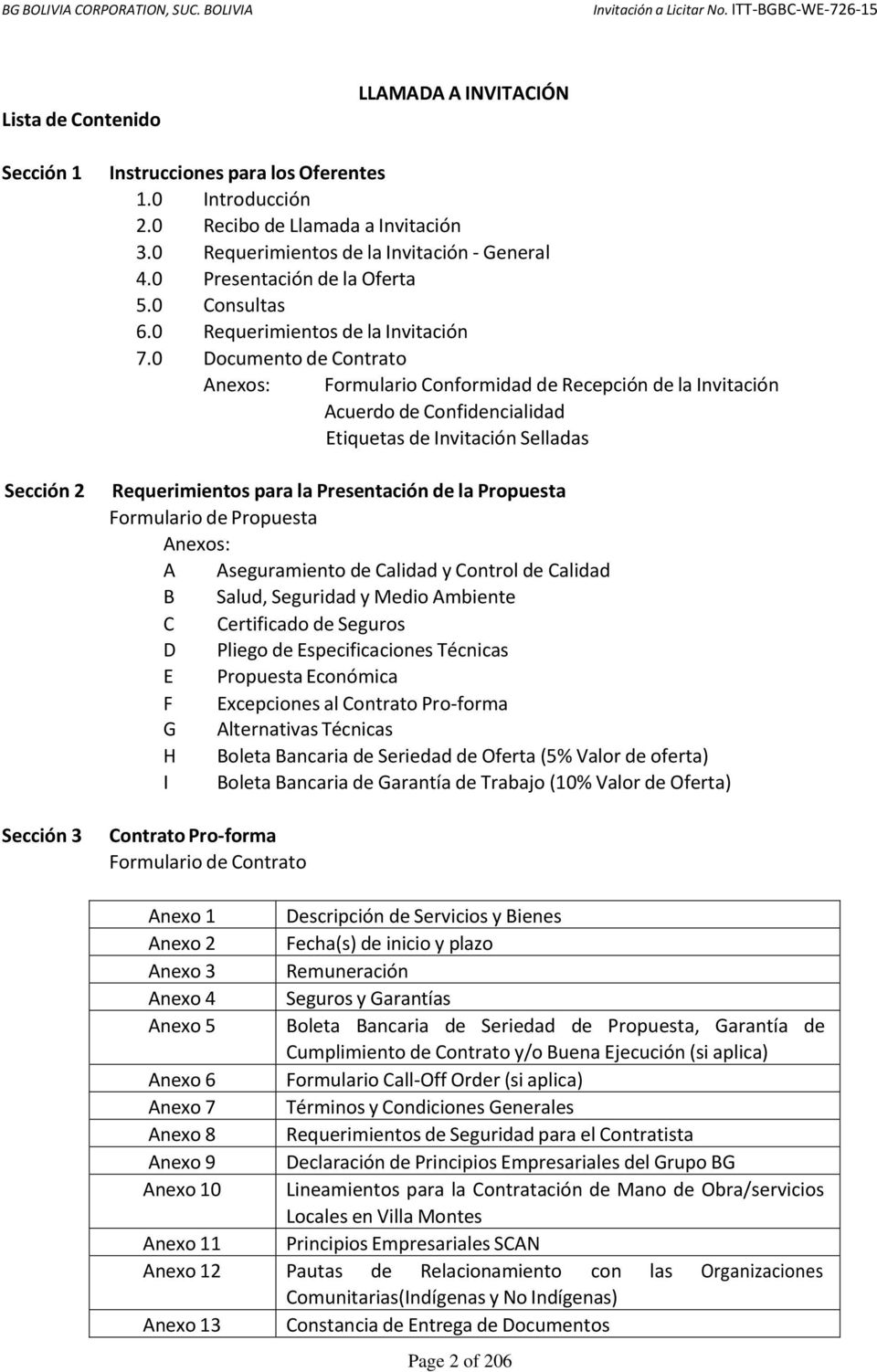 0 Documento de Contrato Anexos: Formulario Conformidad de Recepción de la Invitación Acuerdo de Confidencialidad Etiquetas de Invitación Selladas Requerimientos para la Presentación de la Propuesta