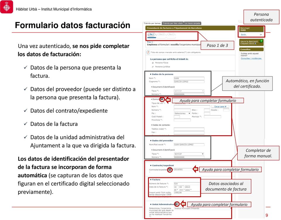 Datos de la factura Datos de la unidad administrativa del Ajuntament a la que va dirigida la factura.