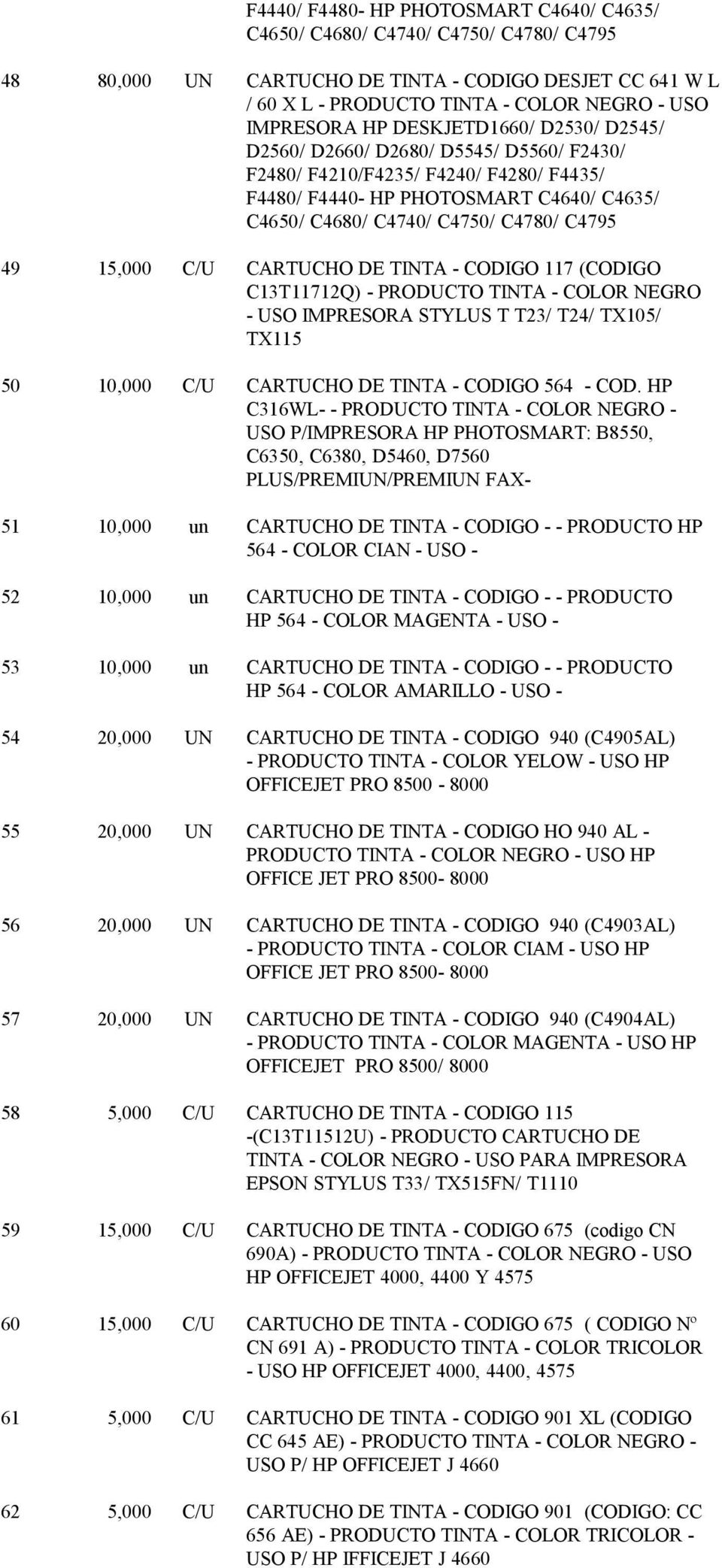 15,000 C/U CARTUCHO DE TINTA - CODIGO 117 (CODIGO C13T11712Q) - PRODUCTO TINTA - COLOR NEGRO - USO IMPRESORA STYLUS T T23/ T24/ TX105/ TX115 50 10,000 C/U CARTUCHO DE TINTA - CODIGO 564 - COD.