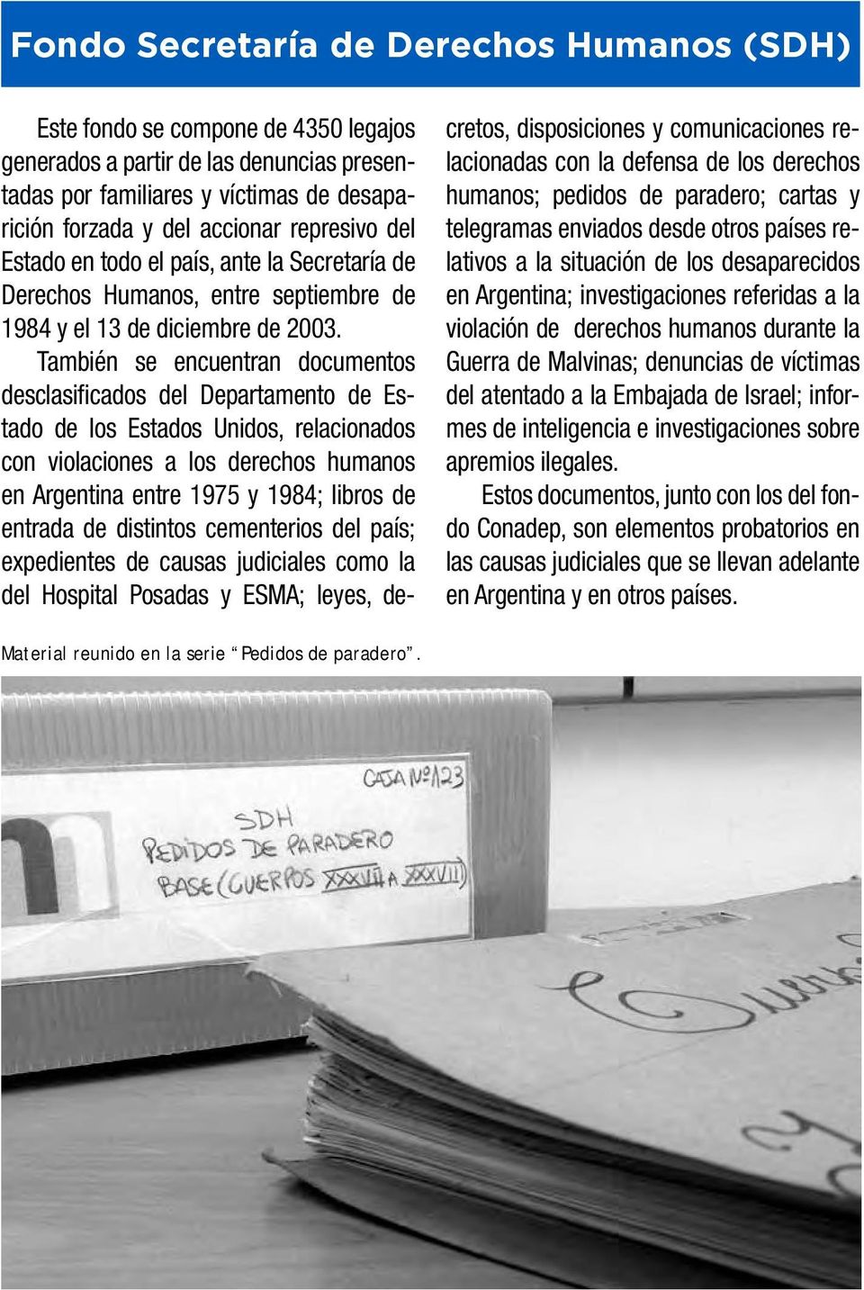 También se encuentran documentos desclasificados del Departamento de Estado de los Estados Unidos, relacionados con violaciones a los derechos humanos en Argentina entre 1975 y 1984; libros de