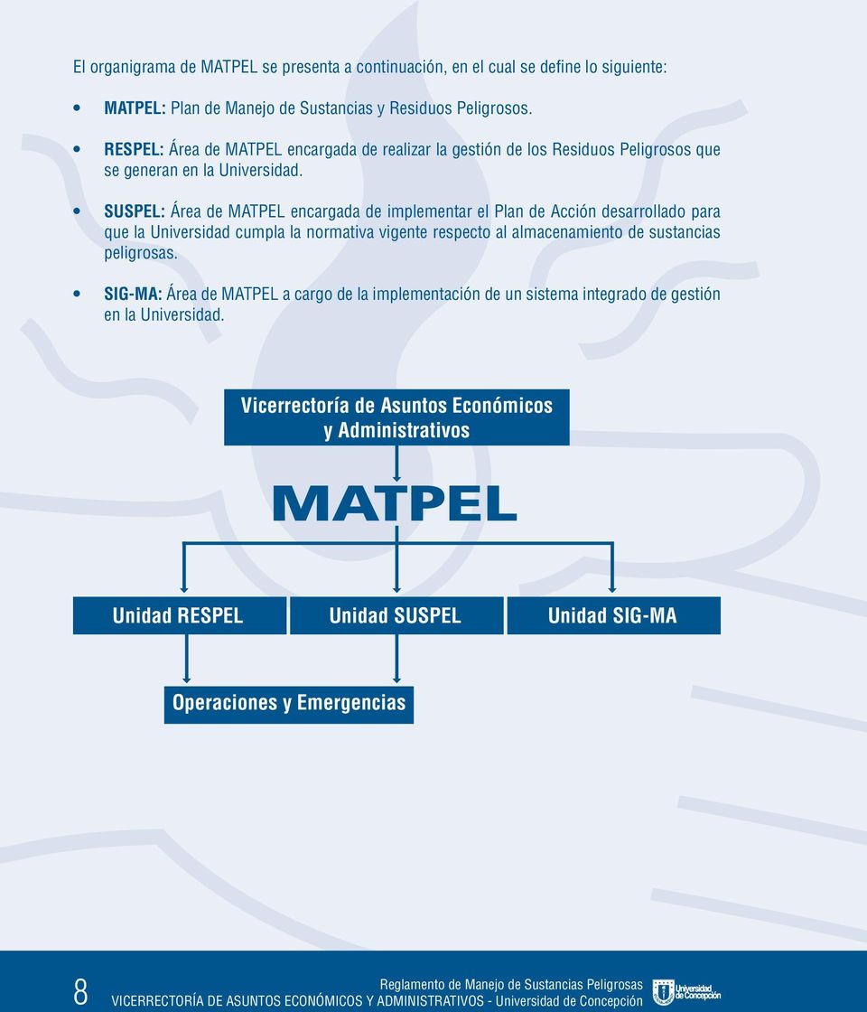 SUSPEL: Área de MATPEL encargada de implementar el Plan de Acción desarrollado para que la Universidad cumpla la normativa vigente respecto al almacenamiento de sustancias peligrosas.