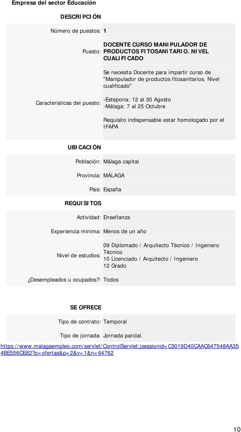 Nivel cualificado" -Estepona: 12 al 30 Agosto -Málaga: 7 al 25 Octubre Requisito indispensable estar homologado por el IFAPA Actividad: Enseñanza Experiencia