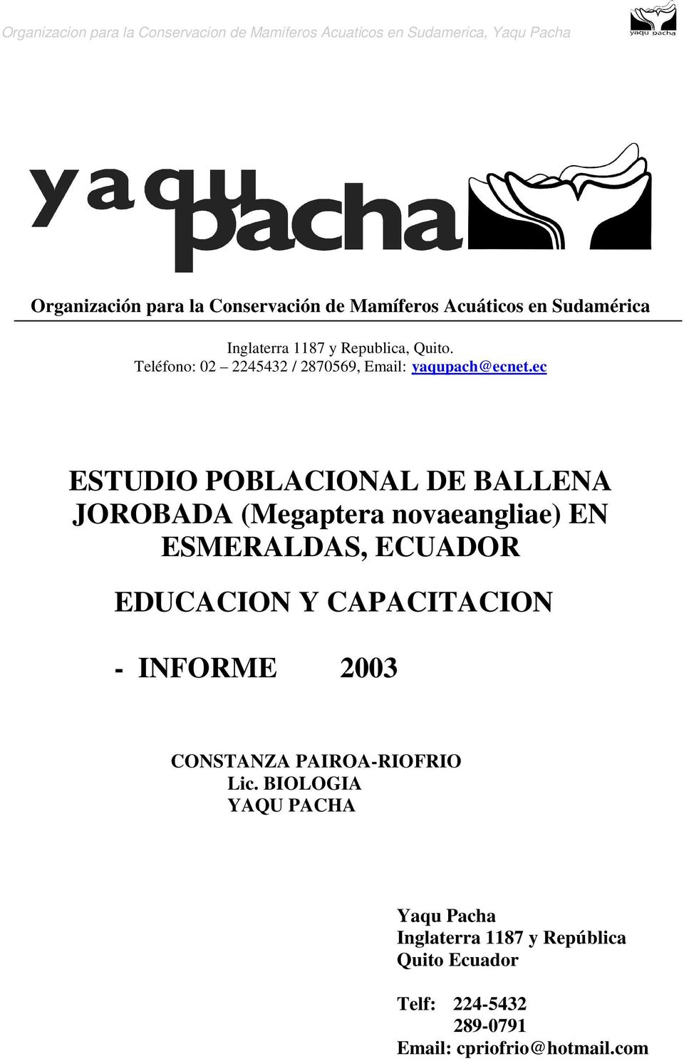 ec ESTUDIO POBLACIONAL DE BALLENA JOROBADA (Megaptera novaeangliae) EN ESMERALDAS, ECUADOR EDUCACION Y
