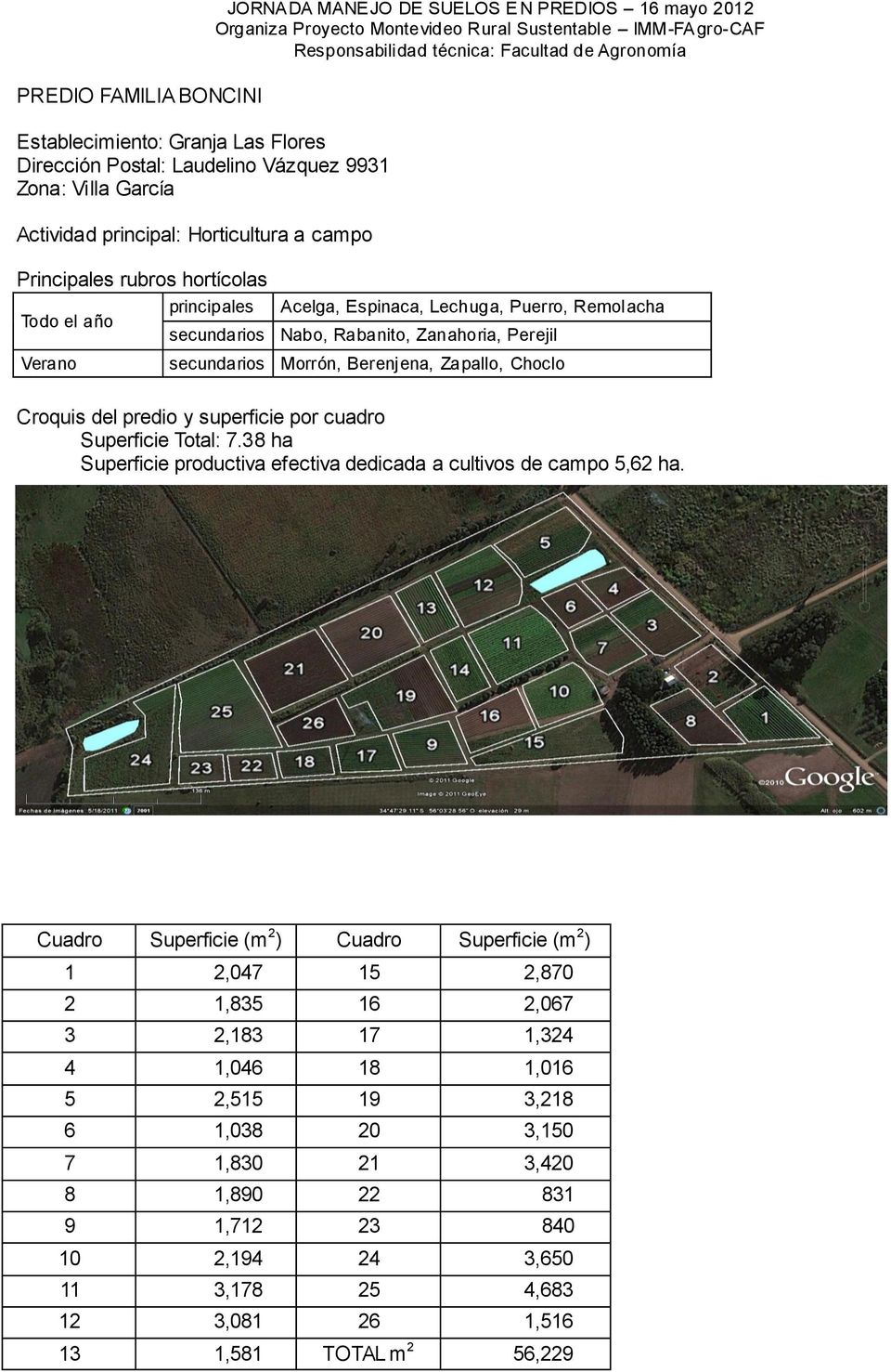 Zapallo, Choclo Croquis del predio y superficie por cuadro Superficie Total: 7.38 ha Superficie productiva efectiva dedicada a cultivos de campo 5,62 ha.