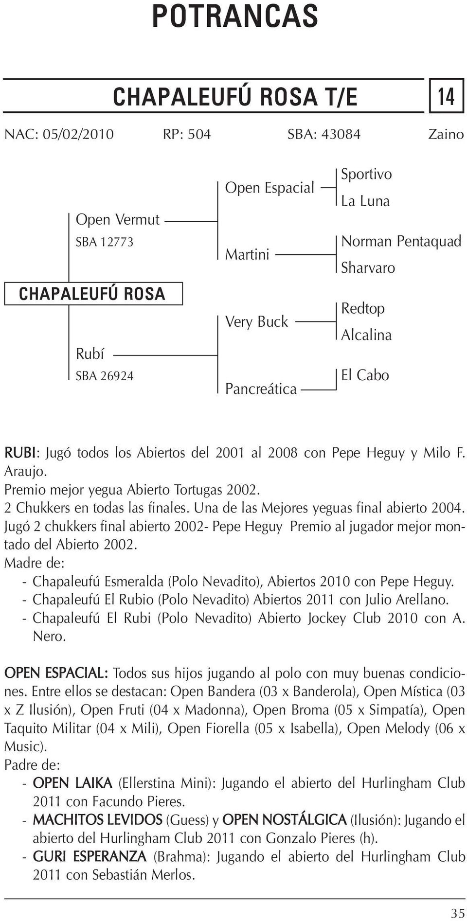 Una de las Mejores yeguas final abierto 2004. Jugó 2 chukkers final abierto 2002- Pepe Heguy Premio al jugador mejor montado del Abierto 2002.