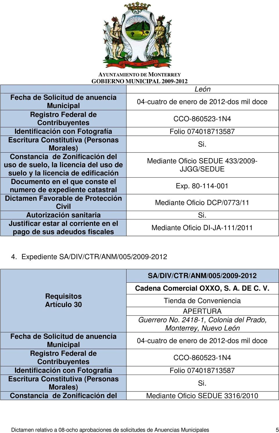 Expediente SA/DIV/CTR/ANM/005/2009-2012 SA/DIV/CTR/ANM/005/2009-2012 Cadena Comercial OXXO, S. A. DE C. V. Guerrero No.