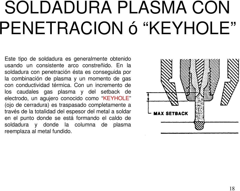 Con un incremento de los caudales gas plasma y del setback de electrodo, un agujero conocido como KEYHOLE (ojo de cerradura) es traspasado